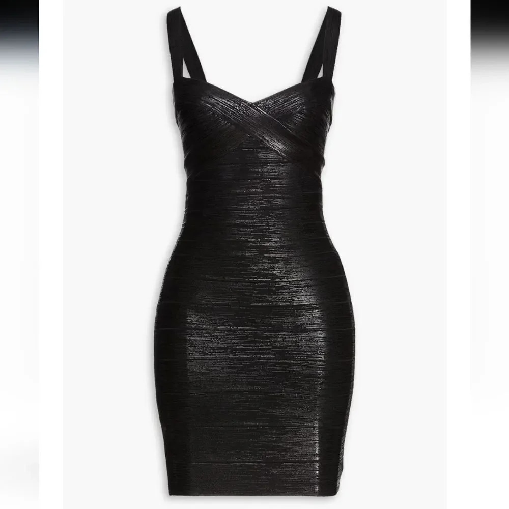 Herve Leger Sweetheart Neck Metallic Banded Foil Black Women's Mini Dress Small